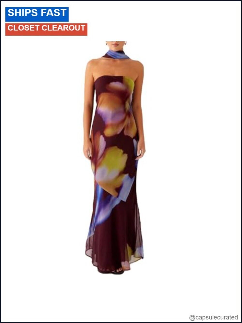 Strapless Floral Mesh Maxi Dress with Scarf Cocktail Party